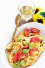 homemade broad beans tomato sauce fettuccine pasta 