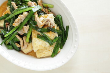 Chinsese food, pork and leek simmered braised with Tofu