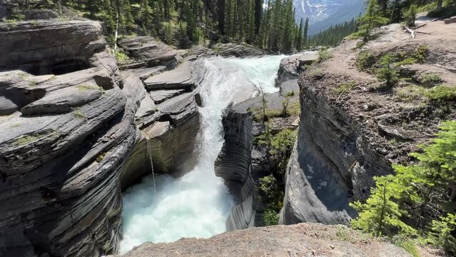 Mistaya Canyon waterfalls in Banff National Park, Alberta, Canadian Rockies, Canada. Beautiful waterfall along the Icefields Parkway
