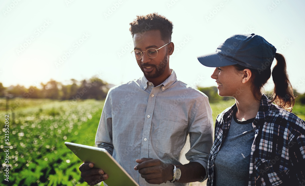 Poster modern farmer working on a tablet on farm land checking and looking at green harvest progress with o