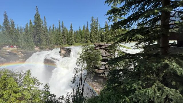Majestic Athabasca Falls cascading down the rocky cliffs of Jasper National Park, Alberta, Canada. Beautiful view of Athabasca Falls and the powerful waters rushing through its narrow gorge