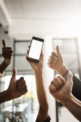 Blank screen, copy space on phone and thumbs up hand sign, gesture and symbol for website, marketing or promotion. Closeup of business people hands supporting new office networking and schedule app