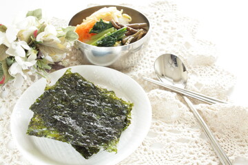 Korean food, sesame oil seaweed sheet with bibimbap