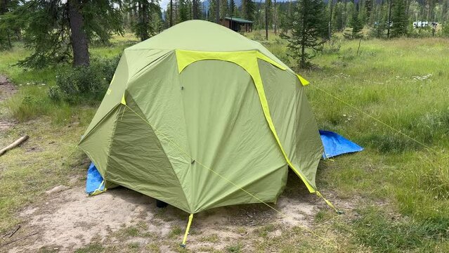 Green tent on the grassy campground. Camping area in the forest. 