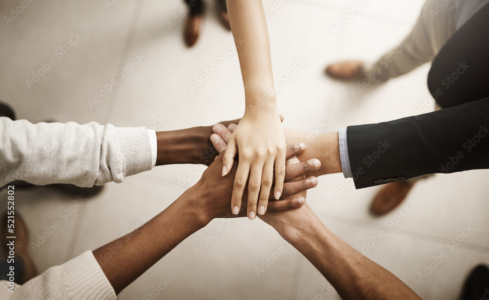 Canvas Prints Support, teamworking and joining hands together during team building session from above. Closeup of businesspeople doing stacked gesture to show collaboration in pursuit of goal or success in office