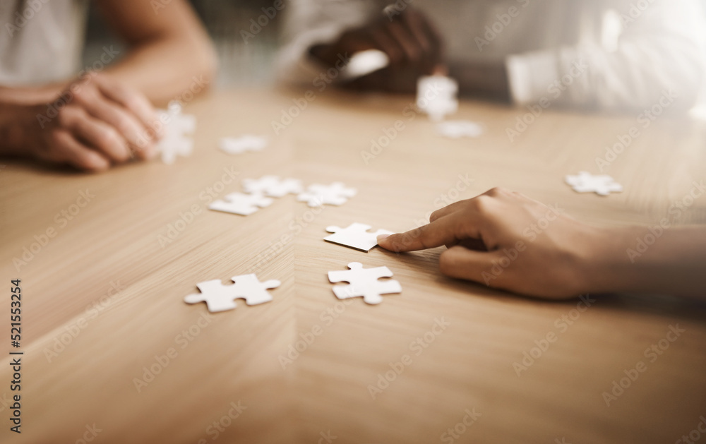 Poster Business people brainstorming solution, problem solving and showing teamwork, working together on puzzle pieces. Team or smart business group activity for unity workflow in difficult corporate crisis