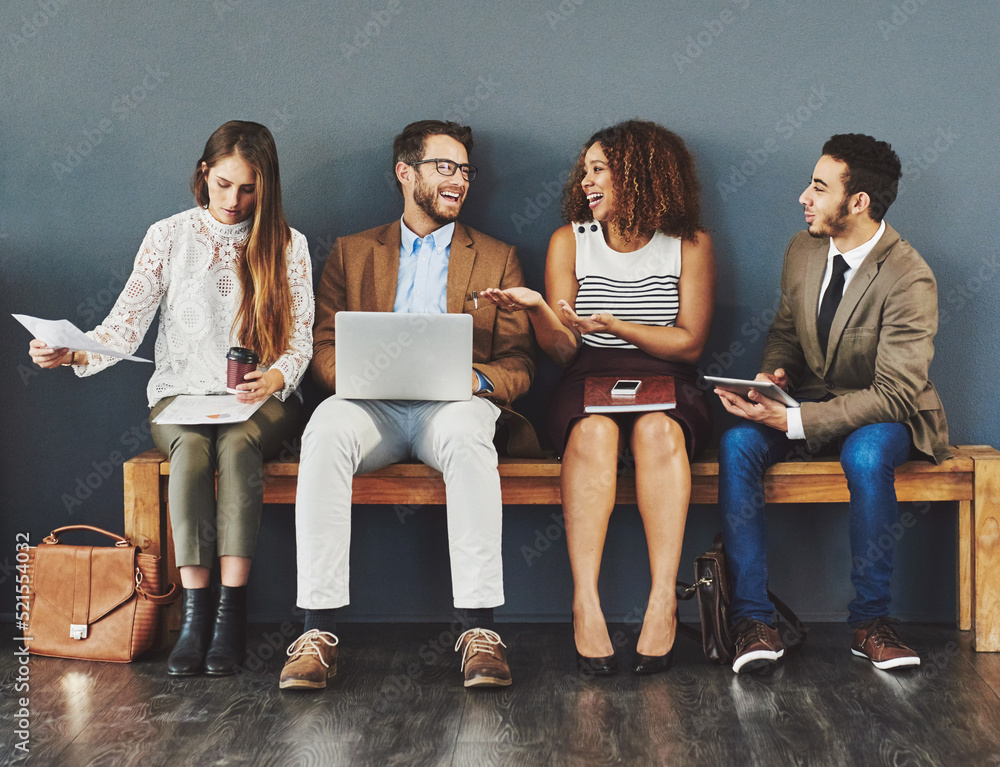 Poster Technology, interview and skills of diverse people waiting in line and sitting in a row while talking and sharing tips for success. Multiracial men and women as candidates for digital marketing job