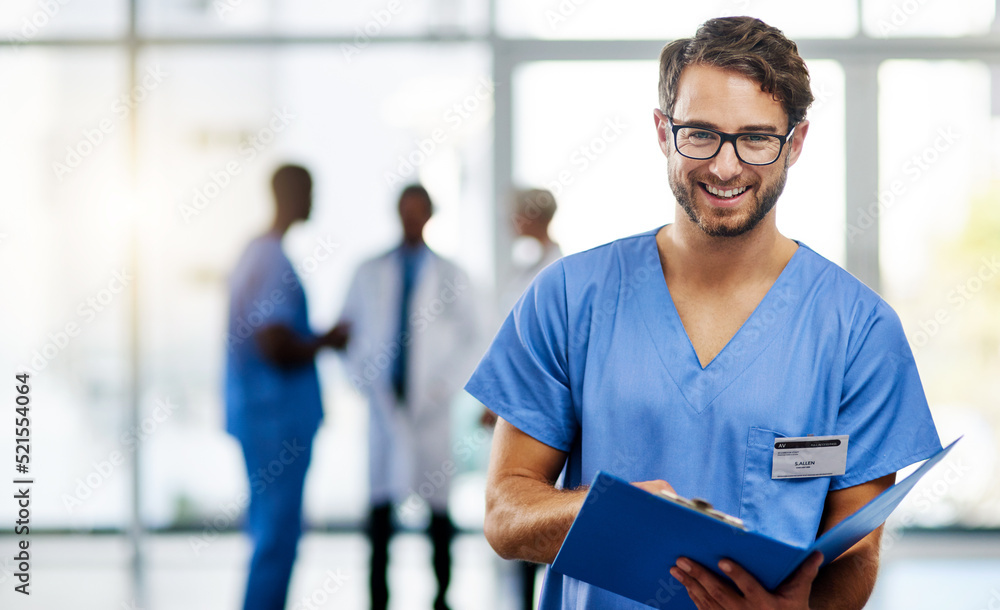 Poster doctor, medical professional and worker reading from a file, folder or form while working at a hospi