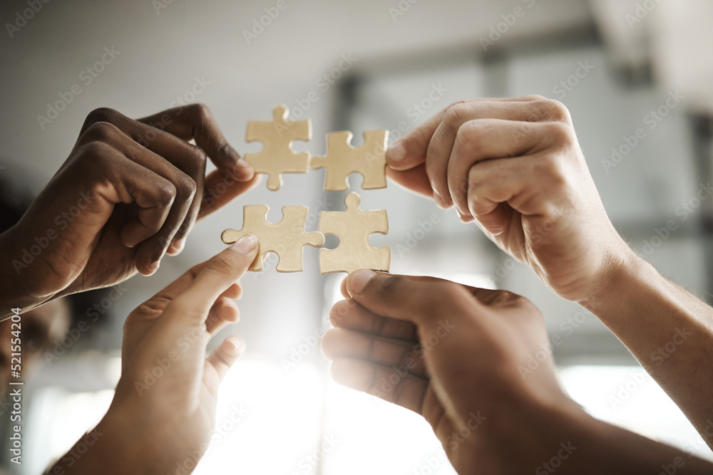 Poster diverse business people coming together as a team, planning for the future and collaborating to comp