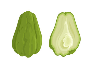 Naklejka premium Vector illustration of whole and half chayote, scientific name Sechium edule, isolated on white background.