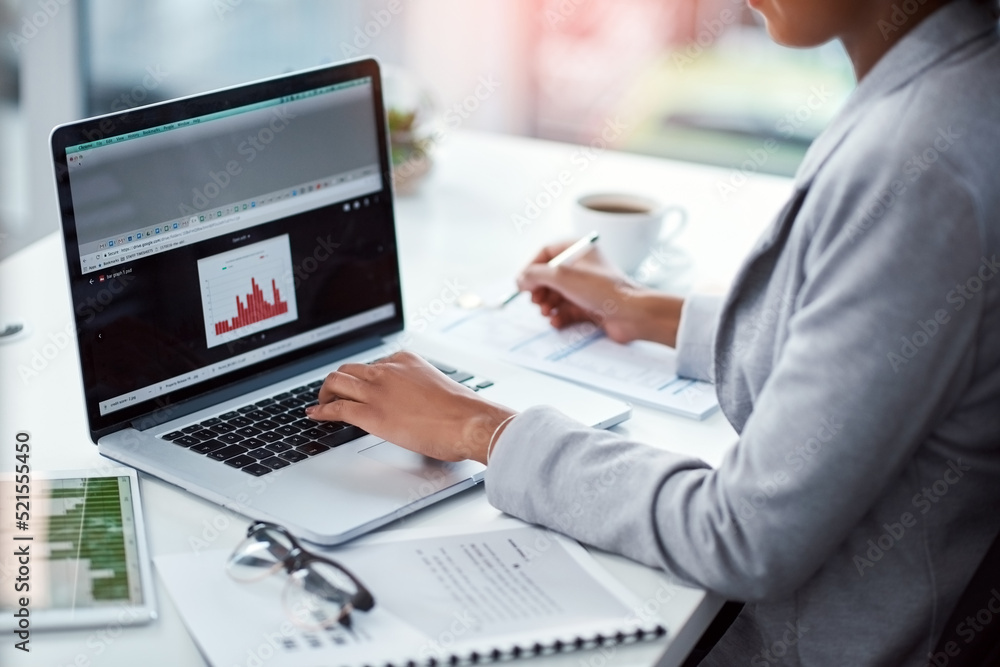 Poster Business analyst with computer reading data, checking reports and monitoring company growth, progress and profit. Business woman hands typing and browsing charts on office technology with paperwork