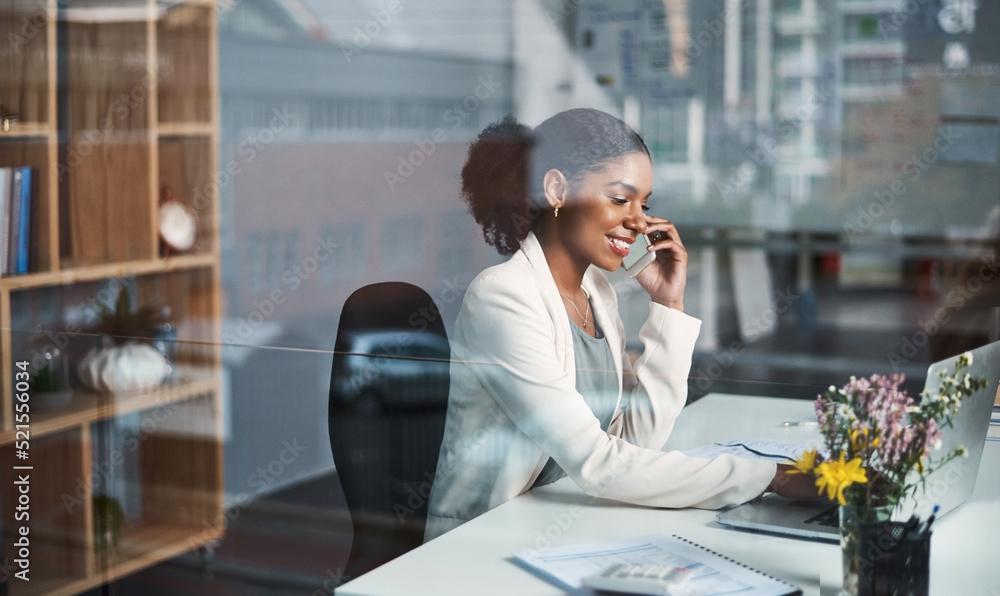 Aufkleber business woman on a phone call sitting at a desk typing an email on a office computer. smiling corpo