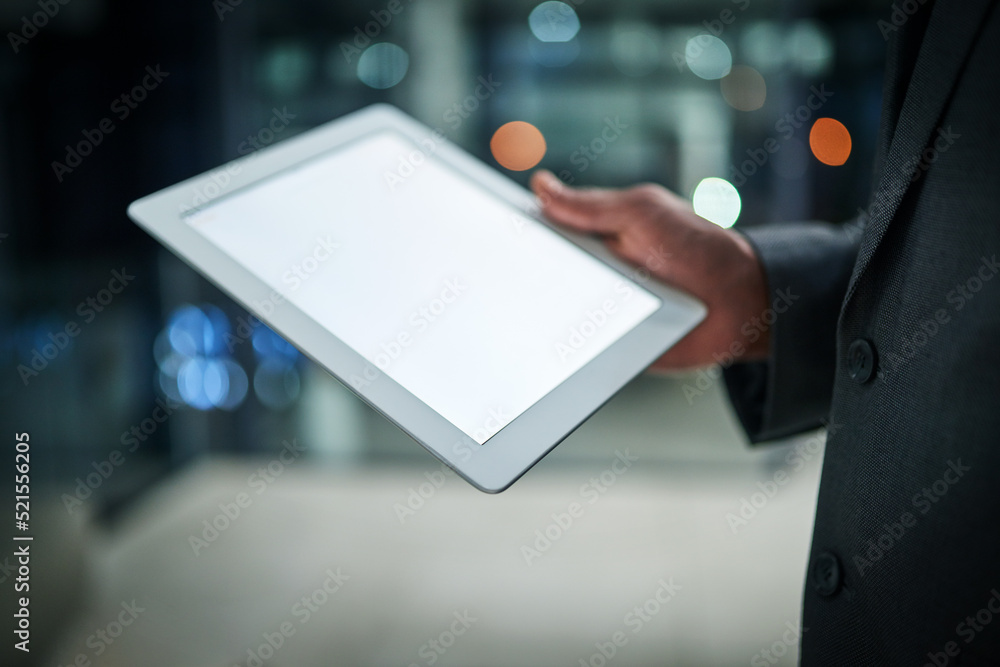 Poster Tablet with blank screen and copy space for a company website, marketing and startup promotion. Closeup of business man hand holding, searching online and browsing social media on office technology