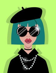 Stylish pretty woman in beret vector illustration.Young rich slim girl. Fashionably dressed female with green hair. Woman with sunglasses and pearl necklace. Fashion, trend, modeling concept. Big lips