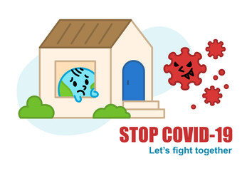 Cartoon earth character stay home to protect himself from covid19