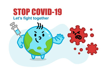 Cartoon earth character become strong after been vaccinated and stop covid19 successfully