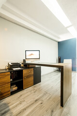 modern designer desk for office, business and creative spaces, Wooden desk in black color with storage drawers.
