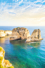 Beautiful view of the Pigeon Rocks on the promenade in the center of Beirut, Lebanon