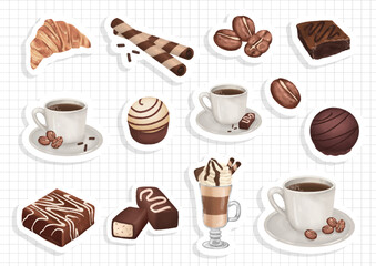 Watercolor coffee collection, sticker sheet. Vector illustration