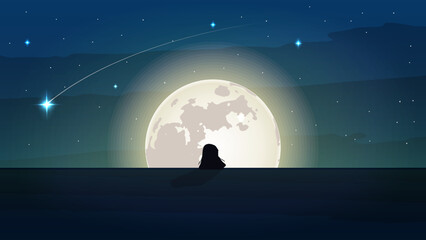Silhouette girl swimming in full moon background. Vector illustration