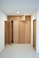 Interior of modern empty wardrobe room, modern design wooden closet,