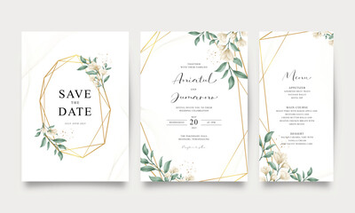 Fototapeta na wymiar Beautiful wedding invitation set with gold geometric and watercolor floral