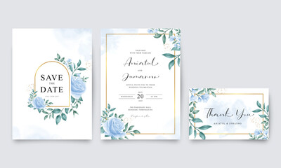 Wedding invitation set with blue roses and green leaves