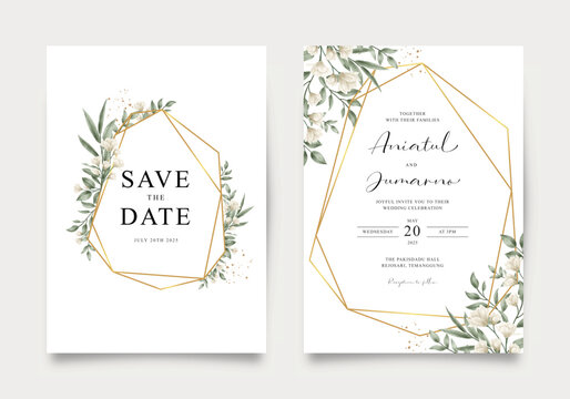 Elegant wedding invitation with gold geometric and watercolor floral