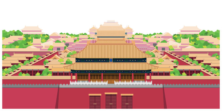 Layered editable vector illustration panorama of the Forbidden City in Beijing, China.