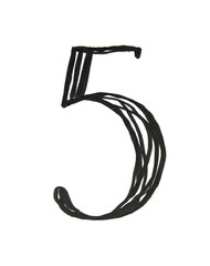 Hand-drawn lettering number five isolated on white background. Object 5 drawing black marker. Calligraphy art for writing card, notebook sketch book, sticker. Creative doodle clipart for planners