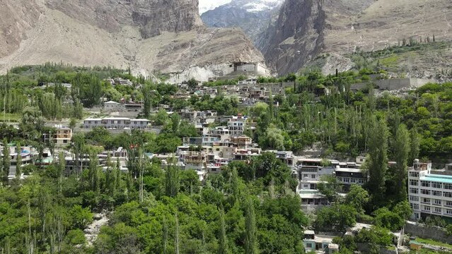 Aerial footage of Baltit Fort and Hunza Valley in Pakistan, captured with a rising drone. Smooth and RAW footage. Gilgit Baltistan, Pakistan. 
