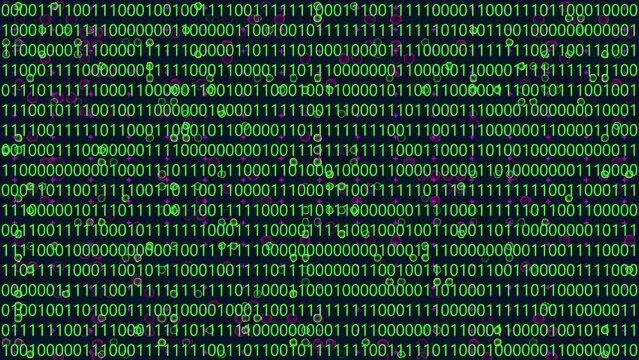 Looping animation of a close-up screen with green binary code data.