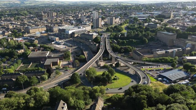 Aerial view of Burdock Way and North Bridge with the Town of Halifax, West Yorkshire, UK in the distance