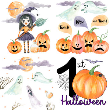 Watercolor Halloween compositions. Sublimation designs. Kids cartoon characters clipart. Witch girl, horror, ghost, halloween pumpkin, spooky