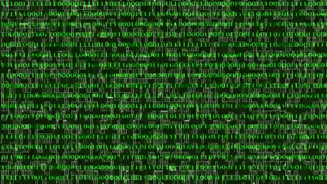 Looping animation of a close-up screen with green binary code data.
