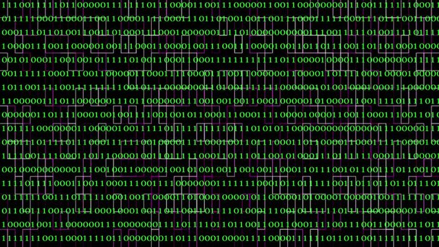 Looping animation of a close-up screen with green binary code data.
