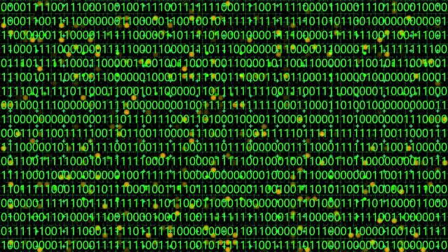 Looping animation of a close-up screen with green binary code data.