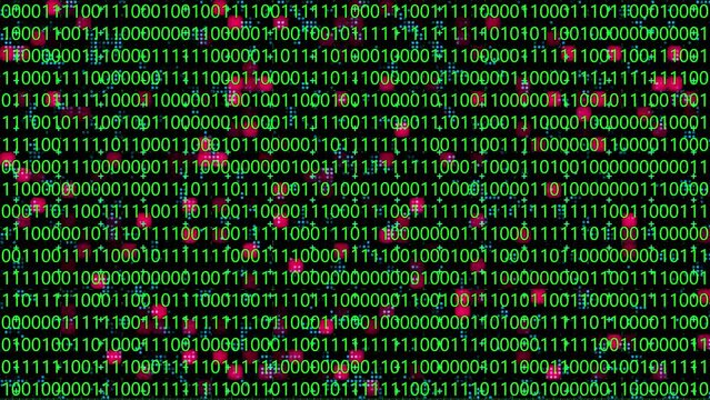Looping animation of a close-up screen with green binary code data.