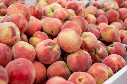 A view of a large pile of peaches, on display at a local farmers market.