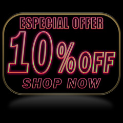 10% off. Offer price discount illustration, vector discount symbol. PREDO BALLOON WITH RED NEON ON BLACK BACKGROUND