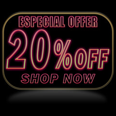 20% off. Offer price discount illustration, vector discount symbol. PREDO BALLOON WITH RED NEON ON BLACK BACKGROUND