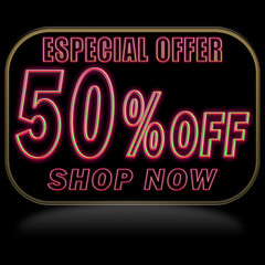50% off. Offer price discount illustration, vector discount symbol. PREDO BALLOON WITH RED NEON ON BLACK BACKGROUND