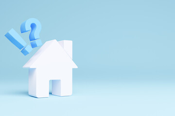 Naklejka premium House with Exclamations and Question Marks isolated blue background. Home problems, solutions. Real estate investments are risky. Hunting for investment property. 3d rendering.