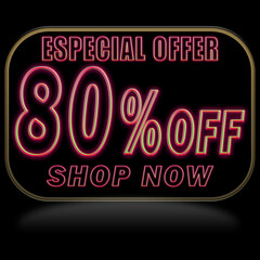 80% off. Offer price discount illustration, vector discount symbol. PREDO BALLOON WITH RED NEON ON BLACK BACKGROUND