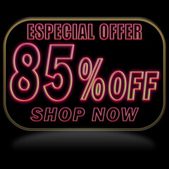 85% off. Offer price discount illustration, vector discount symbol. PREDO BALLOON WITH RED NEON ON BLACK BACKGROUND