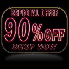90% off. Offer price discount illustration, vector discount symbol. PREDO BALLOON WITH RED NEON ON BLACK BACKGROUND