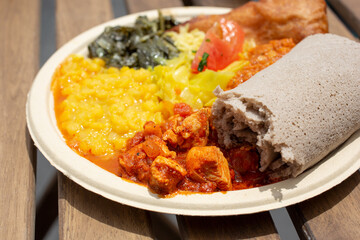 A view of a plate of Ethiopian food.
