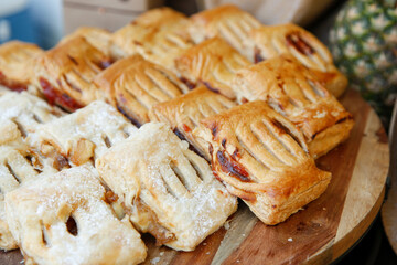 A view of a platter of strudel pastries.