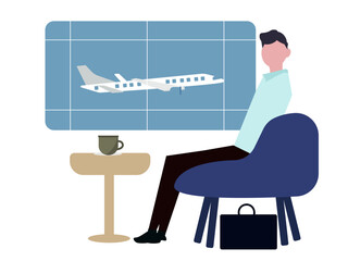 空港で待つビジネスマン 飛行機 座る 出張 海外 ラウンジ 男性 ベクターイラスト