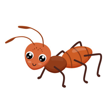 Cute smiling ant isolated on white background. Funny insect for children. Flat cartoon vector illustration